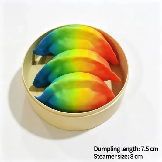 3-Piece Dumpling Squishy Toy Set – Rainbow Soft Squeeze Sensory Balls with Steamer